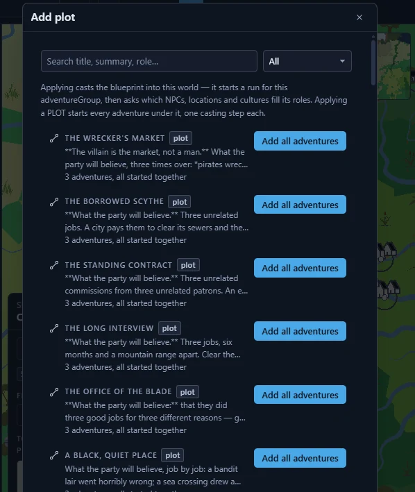 The Add plot dialog listing plots that can be applied to the current campaign