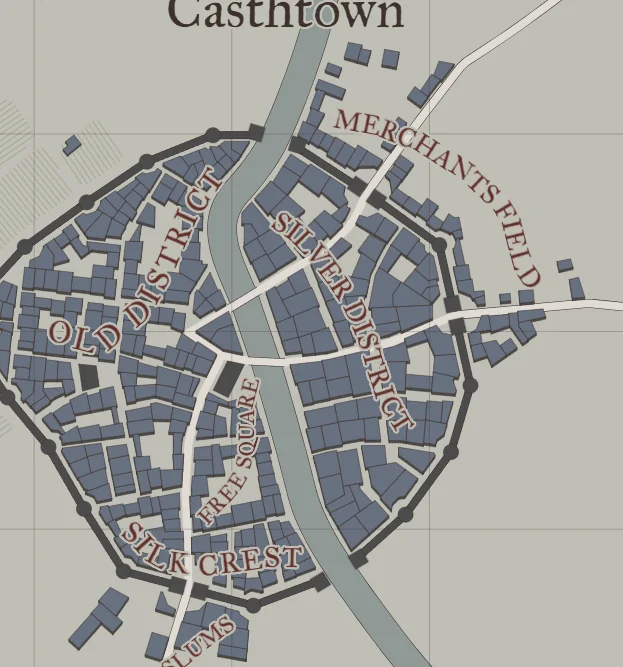A generated town plan named Casthtown, with an old district, a merchants' field, a silver district and a silk crest quarter either side of a river
