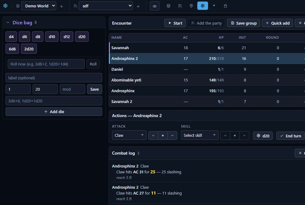 The combat board with a dice bag, an encounter list, a combat log, and a searchable creature library filtered by type, environment and challenge rating