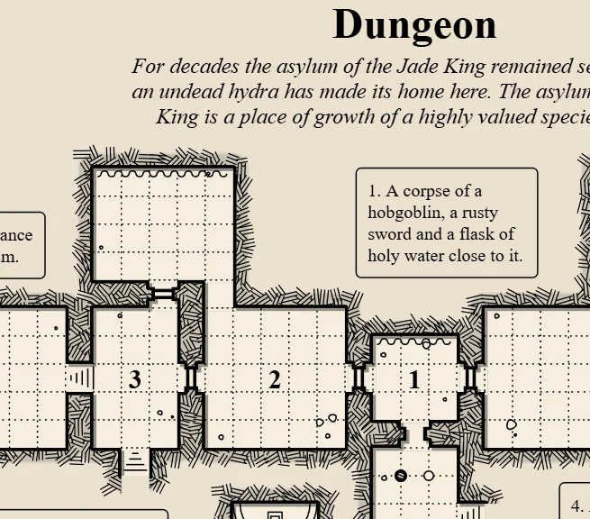 A generated dungeon floor plan with numbered chambers, corridors and a keyed description of the first room