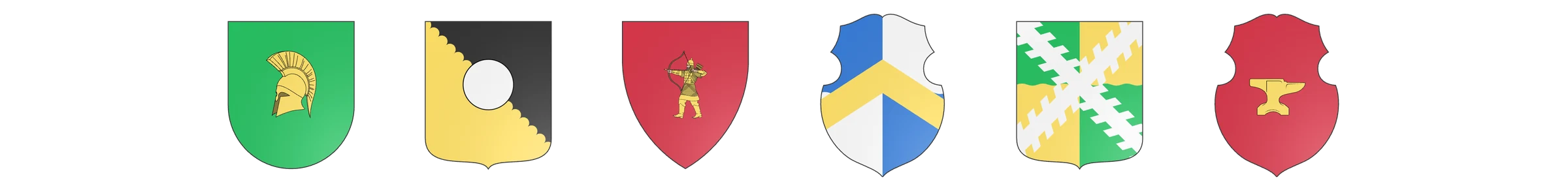 Six generated coats of arms: a gold helm on green, a gold and black field with a white roundel, a red field with an archer, a green field with a gold spiral, a hound on green, and a blue and white field with a chevron