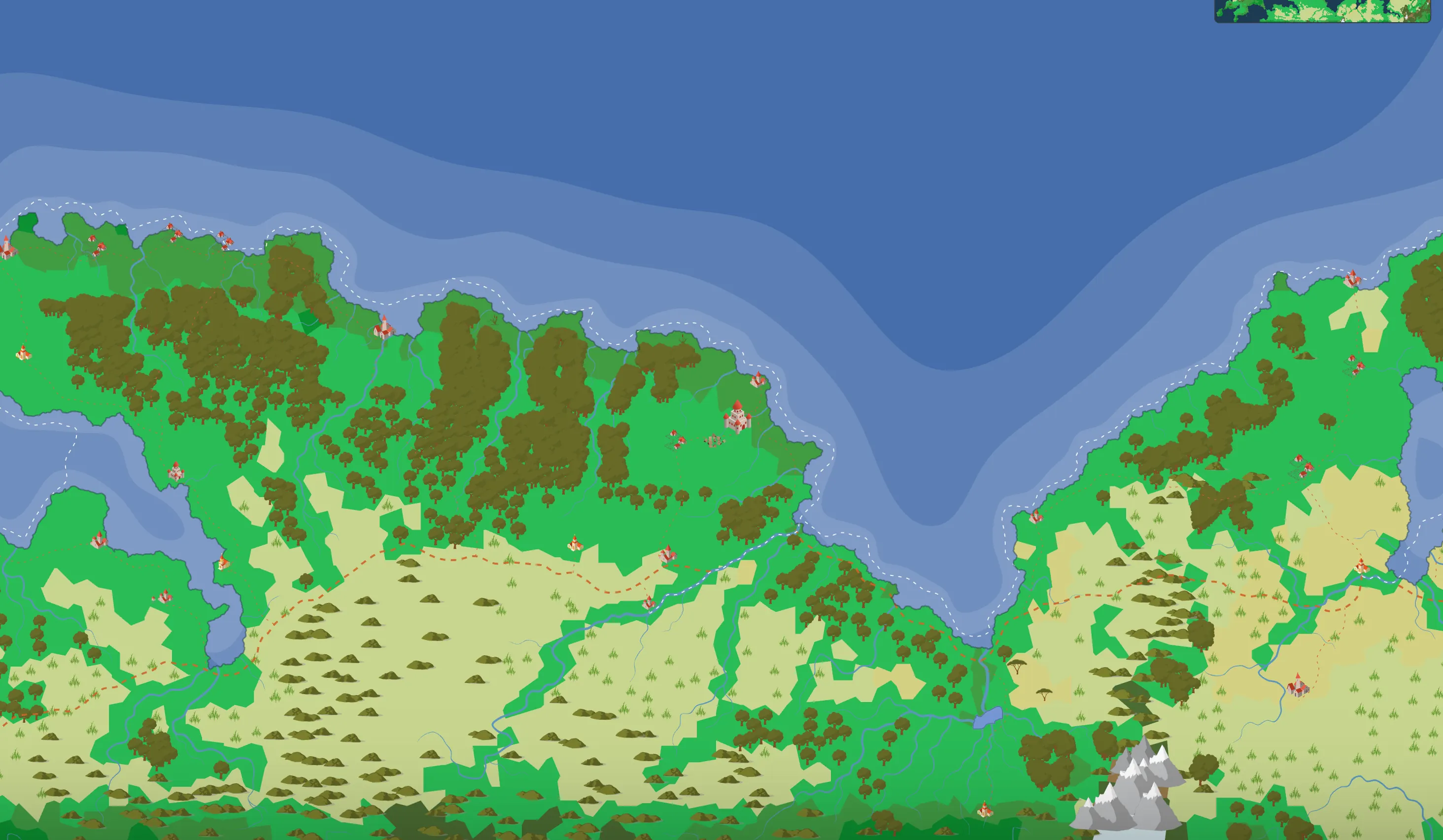 A stretch of generated coastline: forest and scrub running down to a bay, with settlements, ruins and lairs marked along the shore
