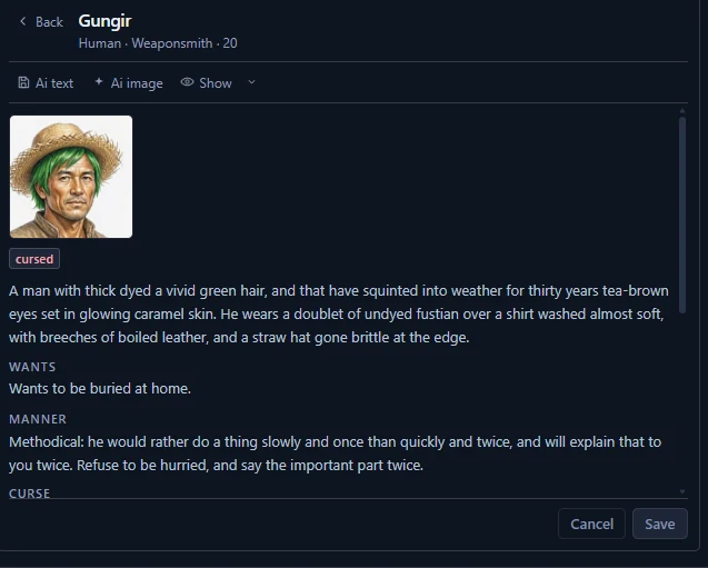An NPC record for Gungir, a twenty-year-old human weaponsmith, marked cursed, with a portrait and written description, a Wants line reading wants to be buried at home, and a Manner line describing him as methodical