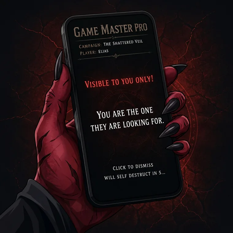 A phone held in one hand showing a Game Master Pro player page headed Visible to you only, reading You are the one they are looking for, with a note that dismissing it will destroy it