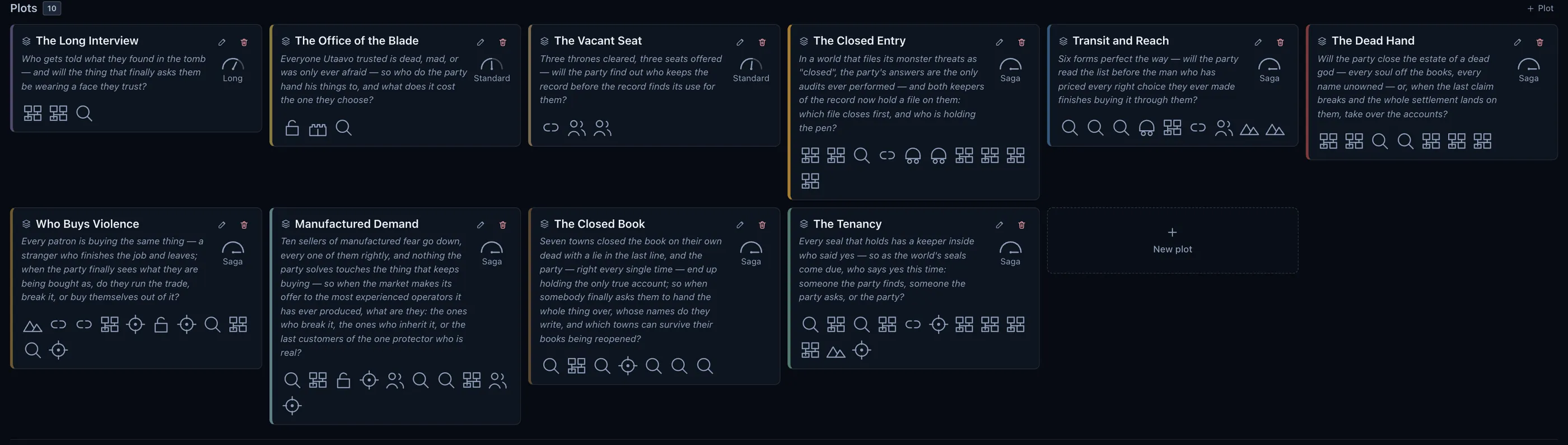 The Plots and Adventures board: ten plots, each a card headed by a dramatic question — who gets told what they found in the tomb, will the party find out who keeps the record before the record finds its use for them — filtered by story type across dungeon crawls, investigations, infiltrations, intrigue, overland, siege, escort, rescue and hunt