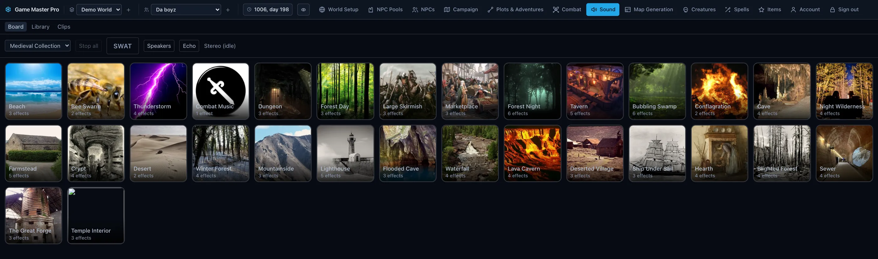 The sound board showing scene tiles for beach, thunderstorm, dungeon, forest day, large skirmish, marketplace, tavern, crypt, desert, lighthouse, lava cavern, deserted village, sewer, the great forge and temple interior, each with an effect count