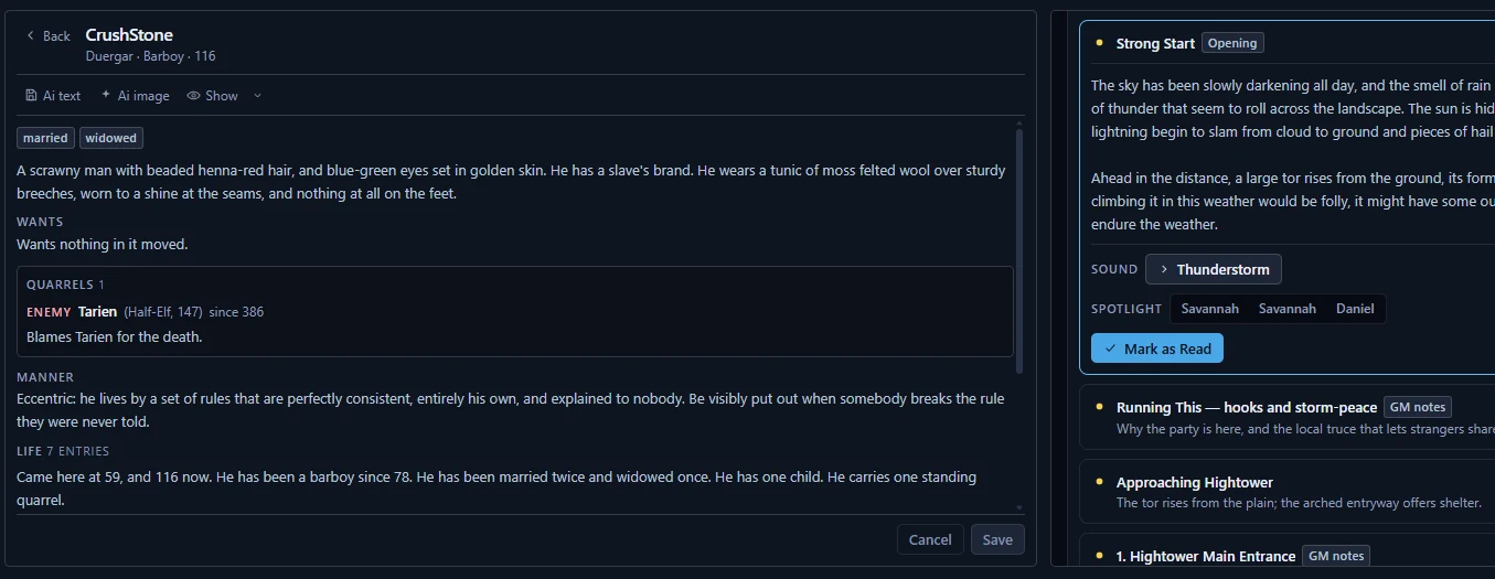 A story beat open in the run view: read-aloud text and GM notes on the left, and the spotlighted NPC's full history, tags and running notes on the right