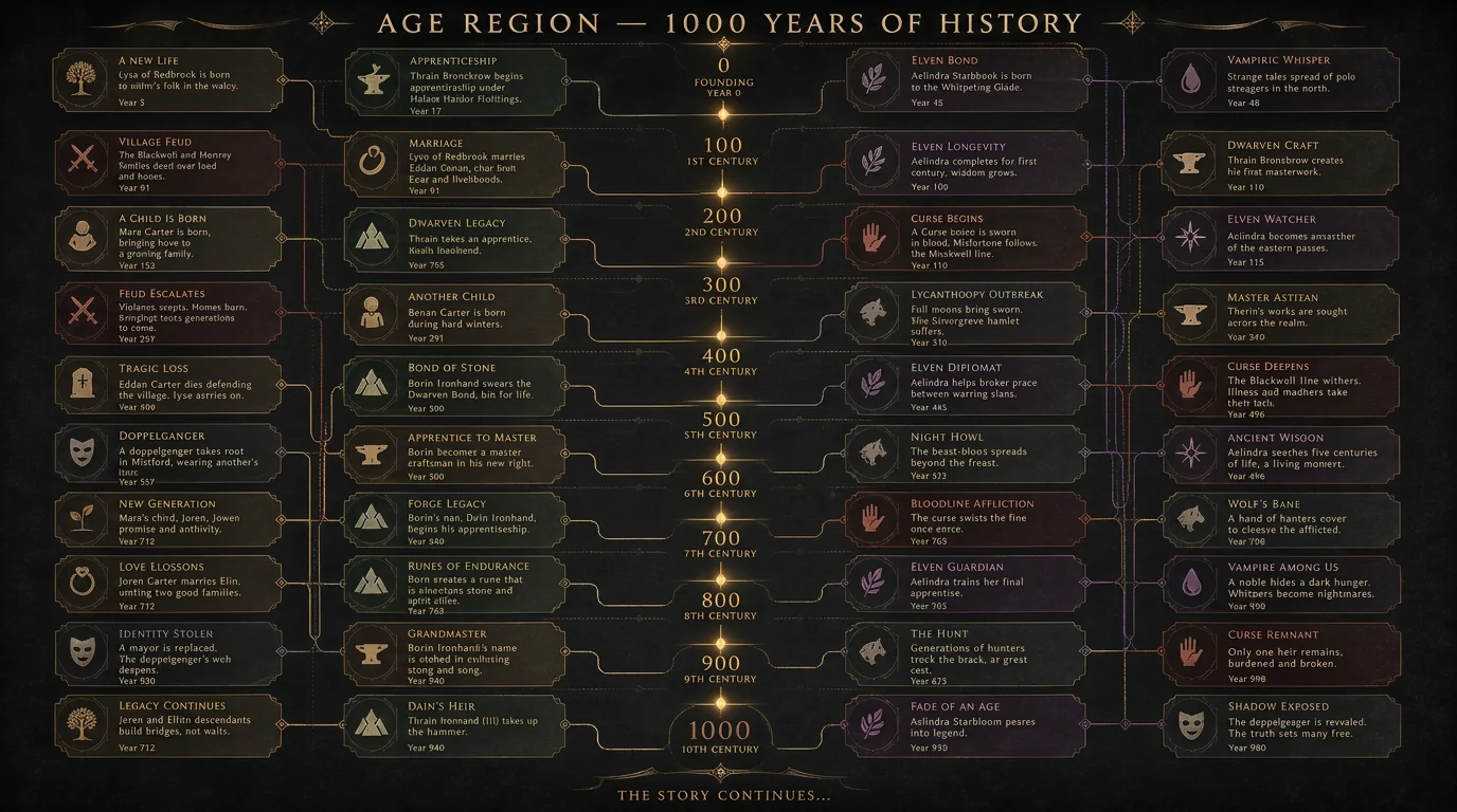 A run report titled Age Region — 1000 years of history, listing dated events across ten centuries: a new generation, apprentices raised to master, a stolen legacy, a dynastic feud, a knight's page, an ancient wisdom, a shadow expunged